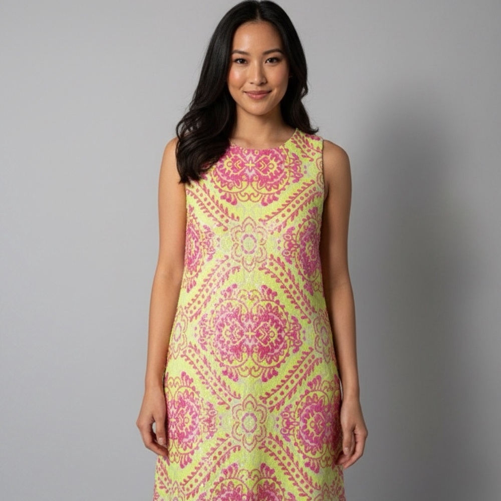 Elegant Neon Pink and Yellow Patterned Dress